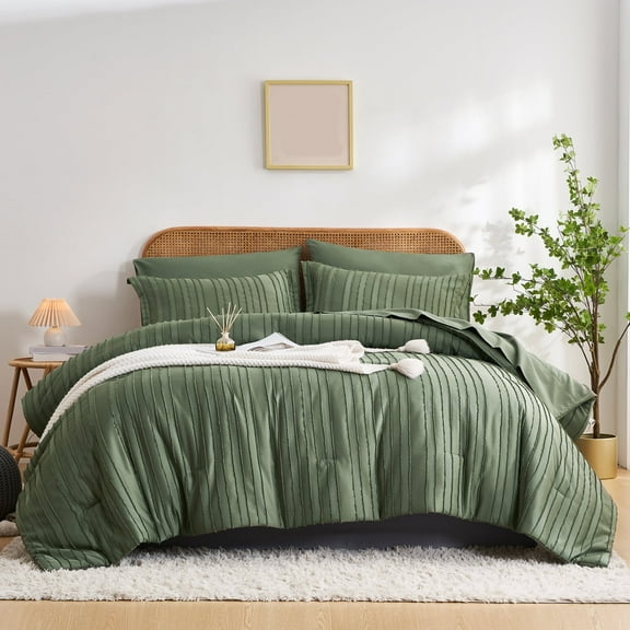 Davulos 7 Pieces Queen Comforter Set,Soft Striped Pattern Bed in a Bag Queen Size, All Season Bedding Set with Comforter, Flat Sheet, Fitted Sheet, Pillowcases & Shams,Green
