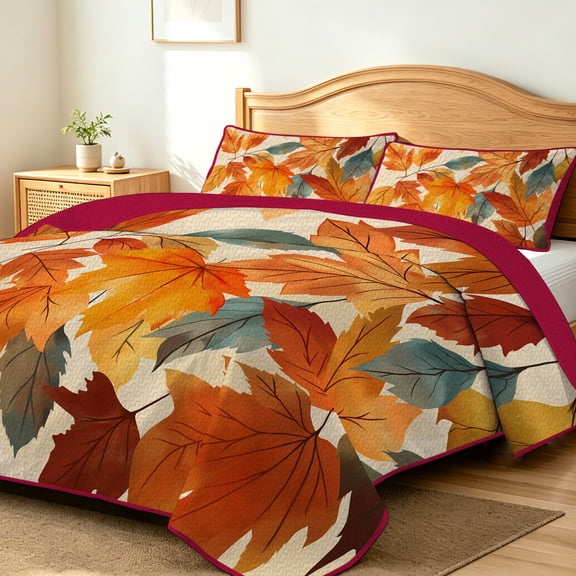 Davulos Autumn Maple Leaf Quilt Set Full/Queen Size,3 Piece Fall Seasonal Bedspread for Queen Bed,Lightweight Coverlet Bedding Set for Bedroom Decor