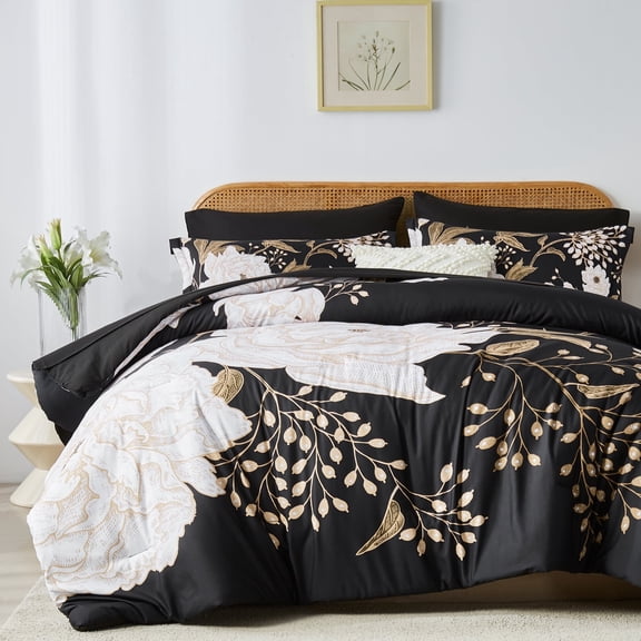 Davulos Bed in a Bag King Size 7 Piece Comforter Set Botanical Floral Bedding Set Soft Microfiber Flower Comforter with Sheet Set Reversible for All Season