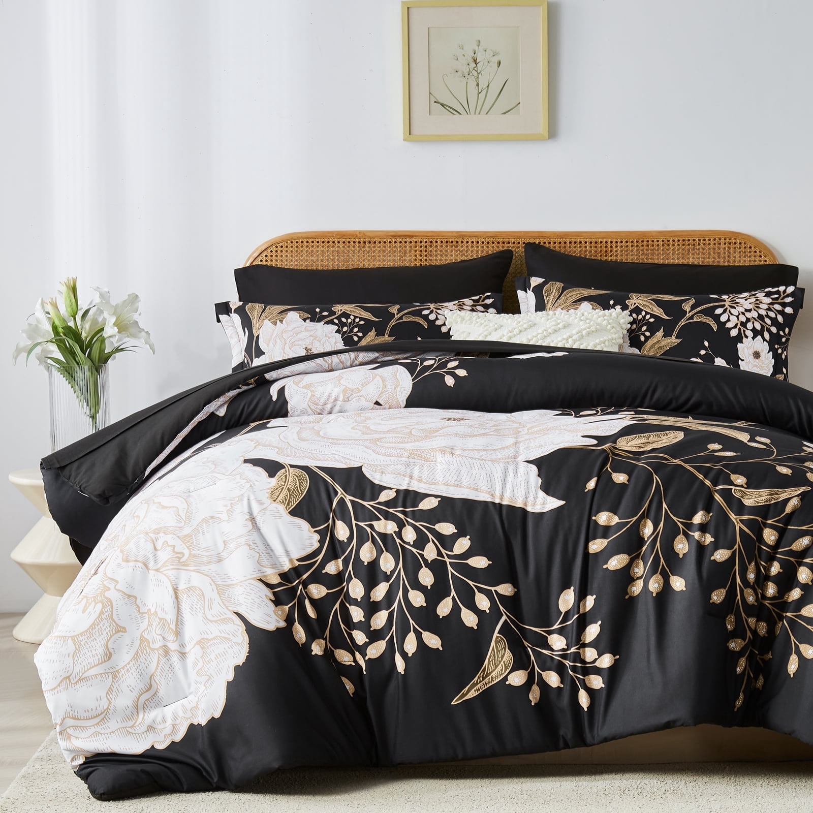 Davulos Bed in a Bag Queen Size 7 Piece Comforter Set Botanical Floral ...