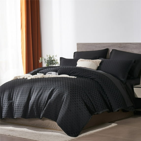 Davulos Bed in a Bag King Size 7 Piece Black Comforter Set Soft Microfiber Waffle Weave Textured Complete Bedding Set