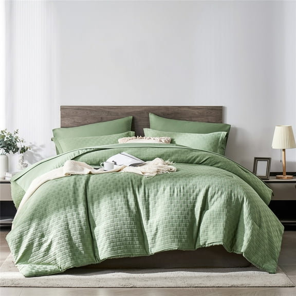Davulos Bed in a Bag King Size 7 Pieces Sage Green Comforter Set Soft Microfiber Waffle Weave Textured Complete Bedding Set