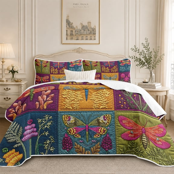 Davulos Bedspreads for Queen Size Bed,3 Piece Boho Butterfly Floral Bedding Set,Reversible Lightweight Patchwork Quilts Set for Home Bedroom Decor