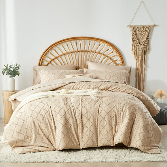 Davulos Beige Queen Size Comforter Sets, Bed in a Bag 7 Pieces Boho Tufted Bed Set, Shabby Chic Bedding with Comforter, Sheet, Pillowcases & Shams
