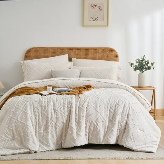 Davulos Beige Tufted King Size Comforter Set 7 Piece Bed in a Bag, Shabby Chic Boho Comforter and Sheet Set, Soft Microfiber Complete Bedding Set for All Season(Beige, King)