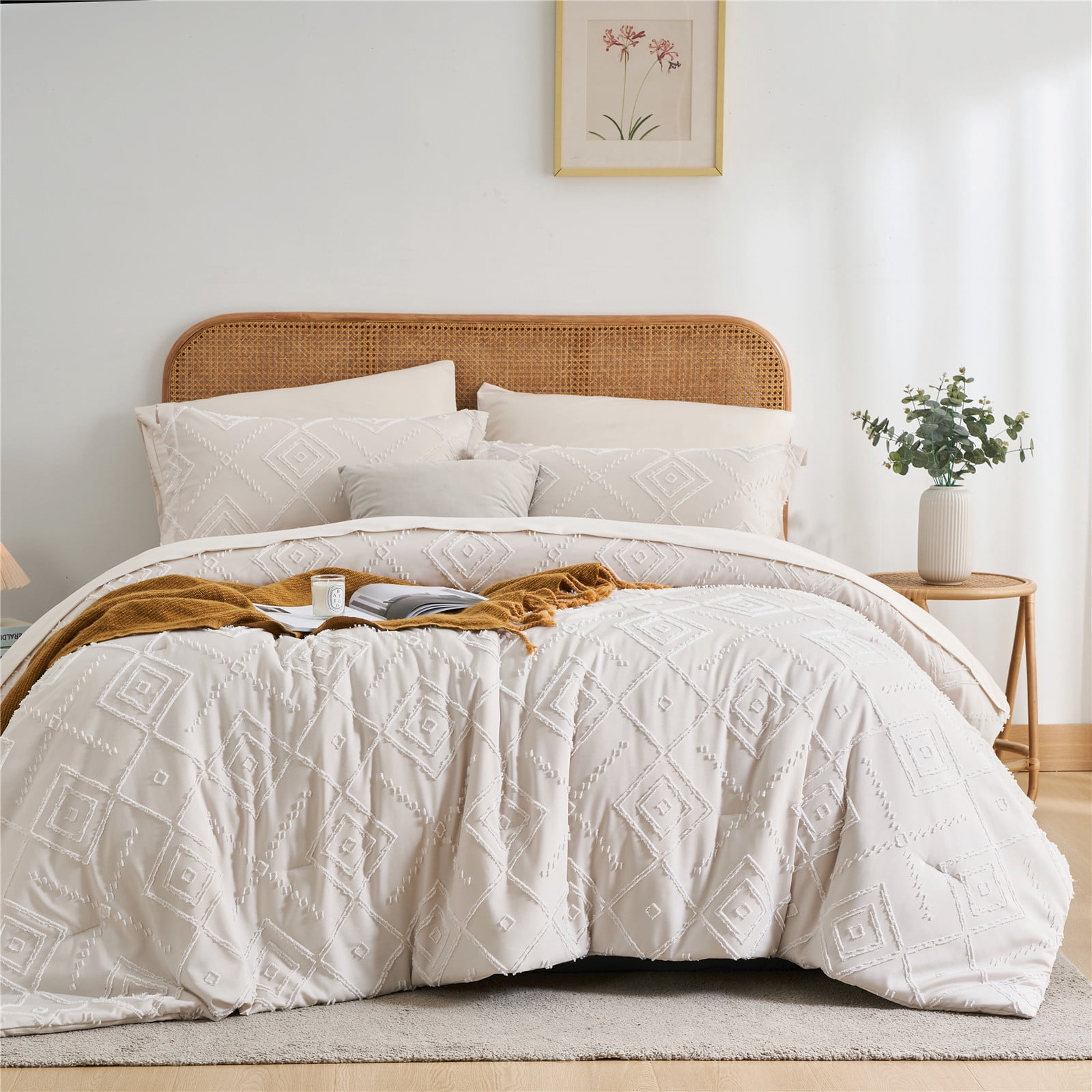 Davulos Beige Tufted Queen Comforter Set 7 Piece Bed in a Bag, Shabby ...