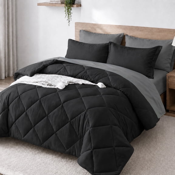 Davulos Black Comforter Set with Sheets Queen Size,7-Piece Beds in a Bag Soft Microfiber Diamond-Quilted Complete Bedding for Man Women Bedroom Decor