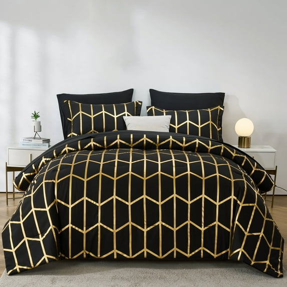 Davulos Black Queen Comforter Set 7 Pieces,Geometric Luxury Bed in a Bag for Bedroom,Bedding Sets with Comforters,Sheets,Pillowcases & Shams