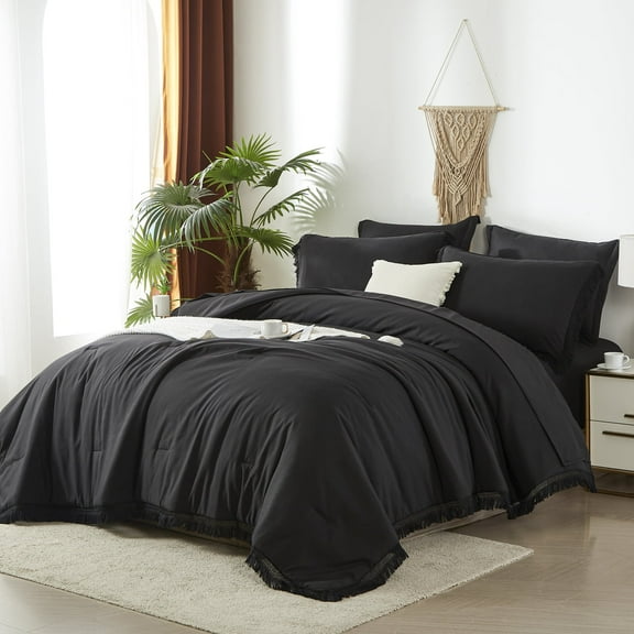 Davulos Black Queen Comforter Set, 7 Pieces Lightweight Bedding Comforter Sets for Queen Bed, Farmhouse Shabby Chic Soft Microfiber Bed Set All Season