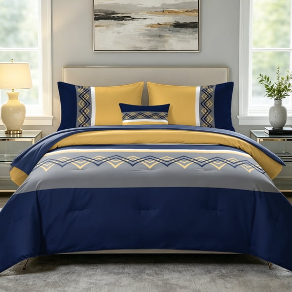 Davulos Blue Beds in a Bag, 6 Pieces Full Comforter Set Geometric Pattern Bedding Sets with Comforter, Flat Sheet, Fitted Sheet, 2 Pillowcases & 1 Decorative Pillowcase
