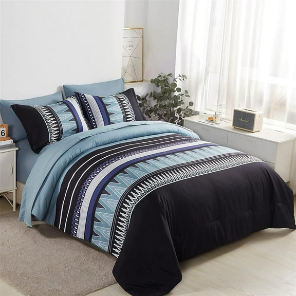 Davulos Blue Comforter Set Queen Size 7 Pieces Bed in a Bag Complete Bedding Sets Geometric Stripes Bed Set for All Season with Flat Sheet, Fitted Sheets, Pillowcases & Shams