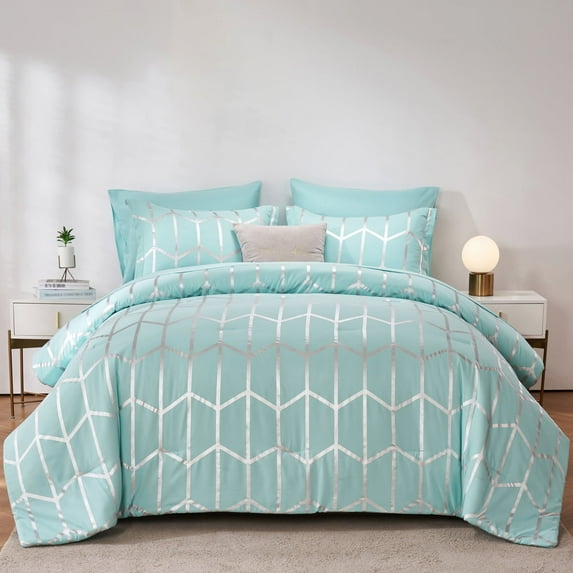 Davulos Blue Queen Comforter Set 7 Pieces,Geometric Luxury Bed in a Bag for Bedroom,Bedding Sets with Comforters,Sheets,Pillowcases & Shams