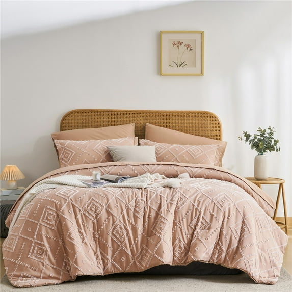 Davulos Blush Pink Tufted King Size Comforter Set 7 Piece Bed in a Bag, Shabby Chic Boho Comforter and Sheet Set, Soft Microfiber Complete Bedding Set for All Season(Pink, King)