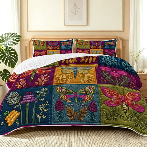 Davulos Bohemian Patchwork Quilt Set Quilt Set Twin Size,2 Pieces Butterfly Floral Bedspread,Reversible Bed Cover,Lightweight Coverlet for Twin Bed