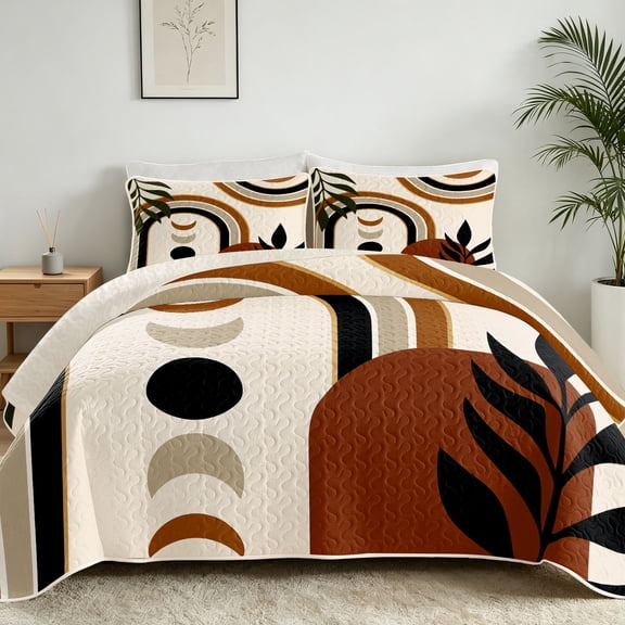 Davulos Boho Quilt Set Full/Queen Size,3 Pieces Abstract Geometric Leaf Pattern Lightweight Bedspreads,Reversible Coverlets Mid Century Bedding Set for All Season