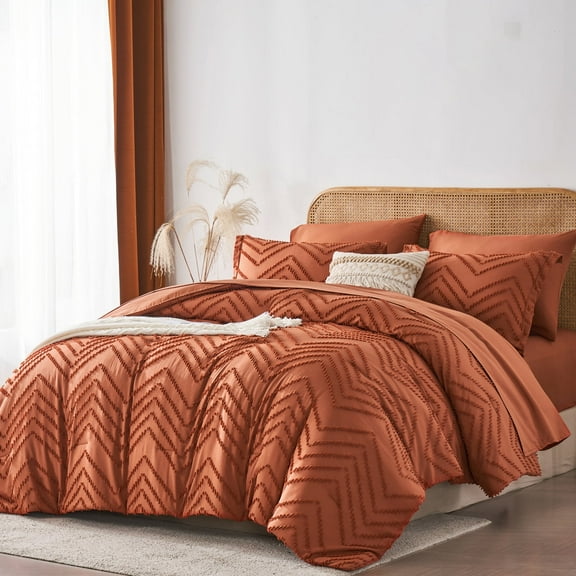 Davulos Burnt Orange Comforter Set King Size Boho,7 Piece Bed in a Bag Tufted Shabby Chic Complete Bedding Set with Sheet