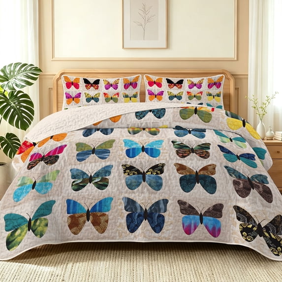 Davulos Butterfly Bedspreads for King Size Bed,3 Piece Colorful Butterfly Boho Quilt Set,Reversible Coverlet Bedding Sets Lightweight Bed Cover for All Season