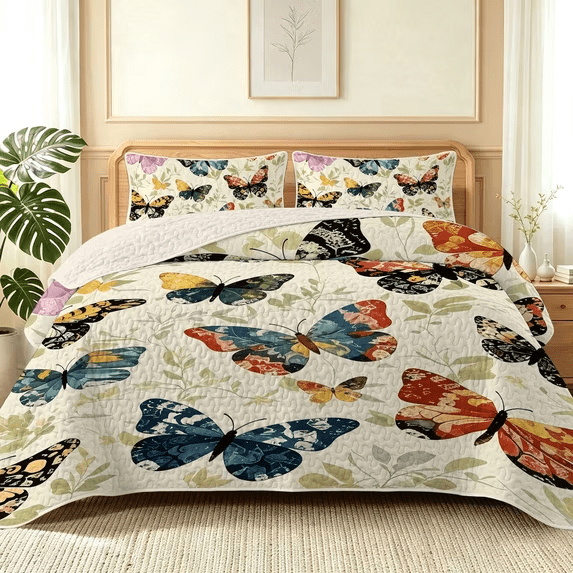 Davulos Butterfly Quilt Set Full/Queen Size,3 Pieces Lightweight Bedspread for Queen Size Bed,Reversible Coverlet Botanical Bedding Set for Bedroom Decor