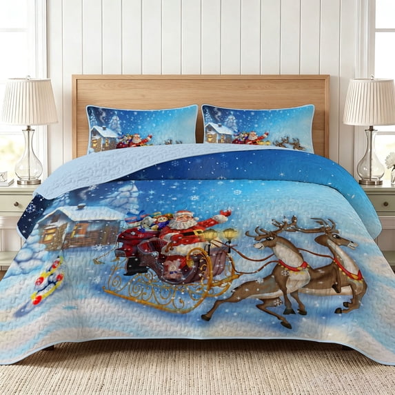 Davulos Christmas Bedspreads for Queen Size Bed,3 Pieces Lightweight Quilt Sets with Santa Sleigh Reindeer Pattern,Reversible Coverlet Xmas Holiday Bedding Set for Bedroom Decor