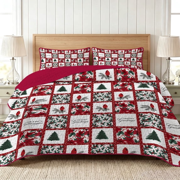 Davulos Christmas Quilt Set Full/Queen Size,3 Pieces Lightweight Bedspread 96" x 90",Xmas Bedding Red Patchwork Bed Cover for Holiday Bedroom Decor