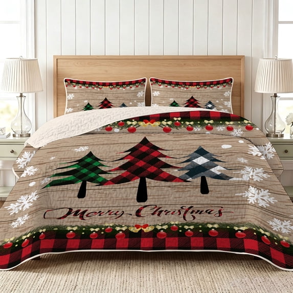 Davulos Christmas Quilt Set Twin Size,2 Pieces Christmas Tree Wooden Background Lightweight Bedspread Coverlet,Holiday Reversible Bedding Set for Bedroom Decor