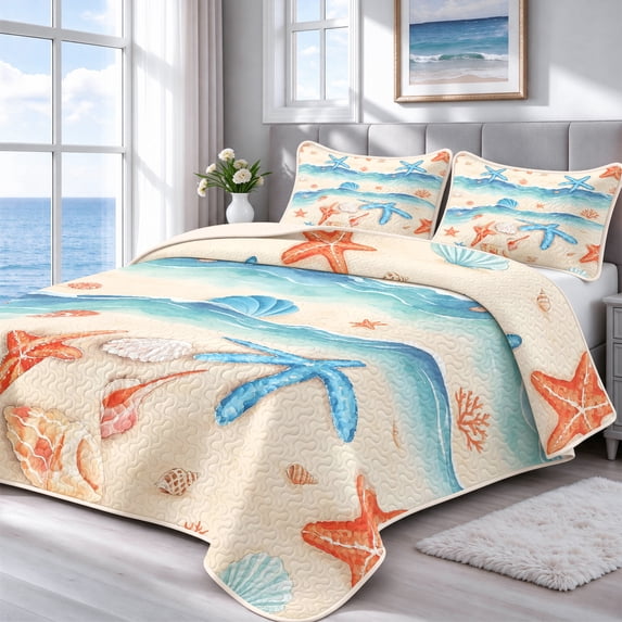 Davulos Coastal Bedspread King Size,3-Piece Starfish Seashell Beach Quilt Set,Beach Nautical Bedding,Reversible Coverlet with 2 Pillow Shams All Season