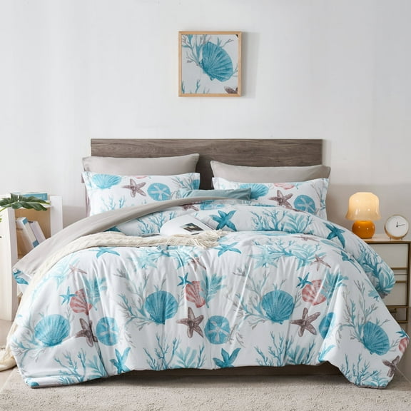 Davulos Coastal Comforter Set 7 Pieces,Queen Size Comforter Set for All Seasons Beach Themed Bedding Sets Bed in a Bag for Bedroom Decoration,Blue