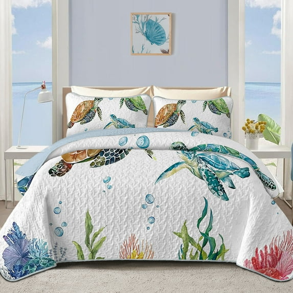 Davulos Coastal Quilt Set King Size Beach Quilt Bedding Set 3 Piece Reversible Summer Ocean Bedspread Coverlet Lightweight Microfiber for All Season