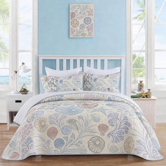 Davulos Coastal Quilt Set Queen Size,Seashell Ocean Print Lightweight Soft Microfiber Summer Comforter with 2 Pillow Cases,Beach Bedding Coverlet Decor for All Seasons, Bedroom & Guest Room