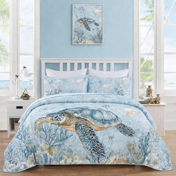 Davulos Coastal Quilts for Queen Bed,3 Piece Summer Sea Turtles Nautical Bedding,Ocean Beach Bedspread Coverlet with 2 Shams for Bedroom Decor