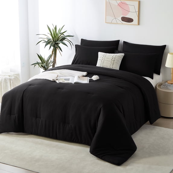 Davulos King Comforter Set Black,3 Pieces Solid Comforters Bedding Sets with 2 Pillowcases Lightweight Fluffy Bed Set for All Season