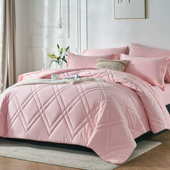 Davulos Comforter Set Full Size 7 Pieces ,Bed in a Bag All Season Bedding Comforter Sets,Pink