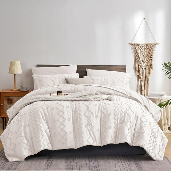 Davulos Comforter Set King White ,7 Piece Bed in a Bag Boho Tufted Shabby Chic Bedding Vintage Farmhouse Bed Set for All Seasons,Geometric Complete Bedding Set