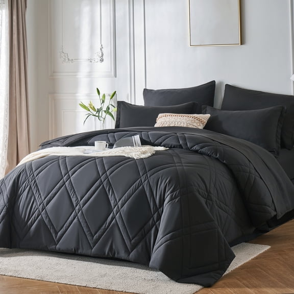 Davulos Comforters Queen Size,7 Pieces Bed in a Bag for All Season Bedding Set Alternative Black Comforters Set