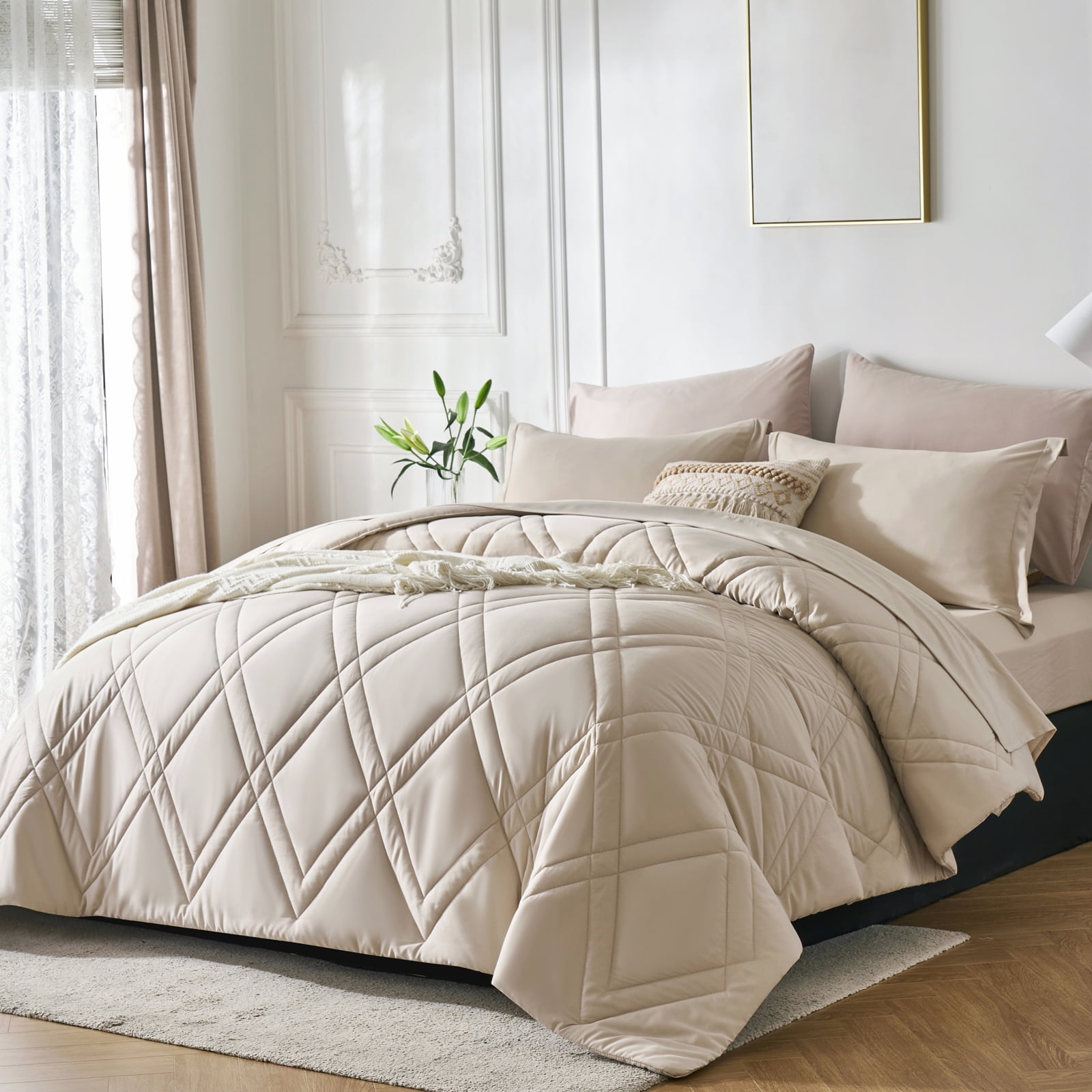 Davulos Comforters Queen Size,7 Pieces Bed in a Bag for All Season Bedding Set Alternative Khaki Comforters Set
