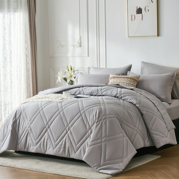Davulos Comforters Queen Size,7 Pieces Bed in a Bag for All Season Bedding Set Alternative Light Grey Comforters Set