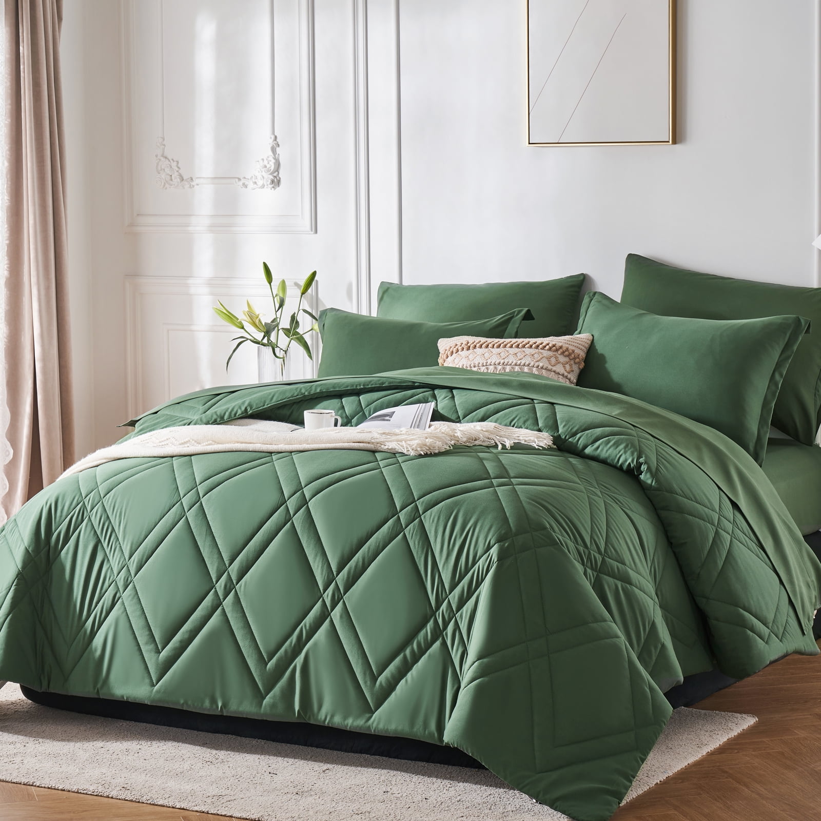 Davulos Comforters Queen Size, Queen Quilt Bedding Set 7 Pieces All Season Bed in a Bag Dark Green Comforter