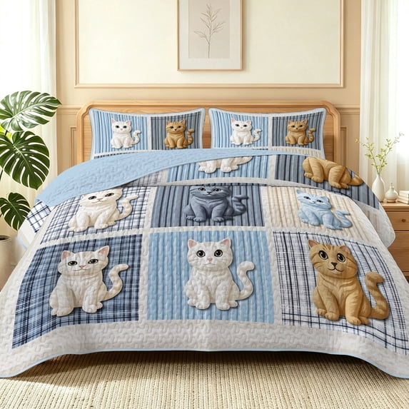 Davulos Cute Cat Bedspreads for King Size Bed,3 Piece Plaid Striped Patchwork Quilt Set, Reversible Coverlet Soft Microfiber Animal Pet Bedding Set for Bedroom Decor