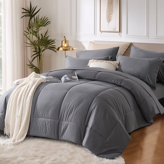 Davulos Dark Grey Full Comforter Set,7 Pieces Bed in a Bag for All Seasons,Box Stitched Soft Bedding Sets Luxury Hotel Bedding, Gifts for Women Men