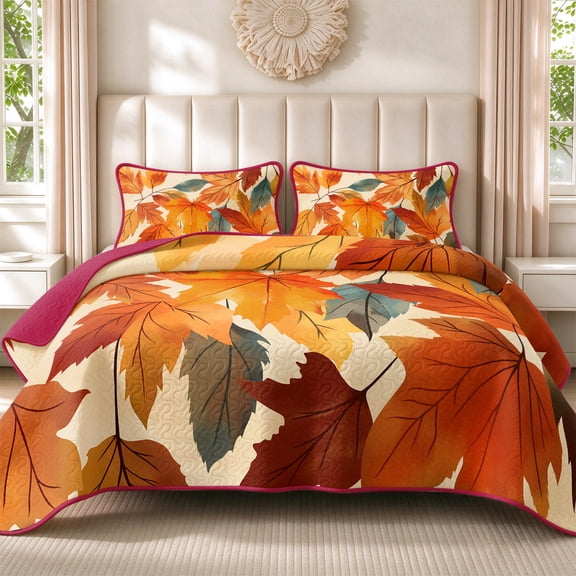 Davulos Fall Quilt Set King Size,3‑Piece Maple Leaves Print Bedspreads Lightweight,Reversible Orange Farmhouse Coverlet Soft Bed Cover with Pillow Shams for All Season