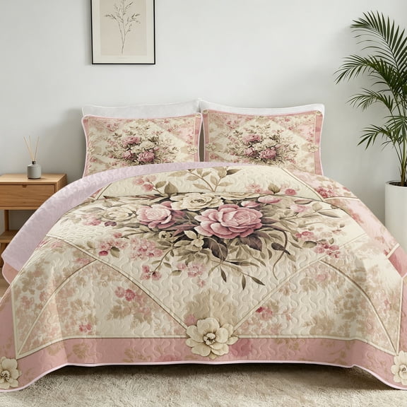 Davulos Floral Bedspreads for King Size Bed,3 Piece Vintage Pink Rose Quilt Set Lightweight,Reversible King Coverlet Soft Microfiber Shabby Chic Bedding for Women Bedroom