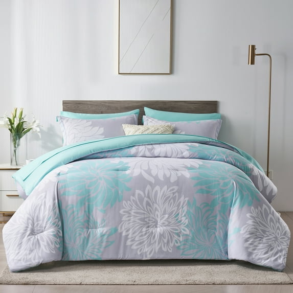 Davulos Floral Comforter Set King Size 7 Piece Green Flower Bed in a Bag, Elegant Floral Comforter with Sheet Set, Reversible King Bed Set Soft Microfiber Bedding Set for All Season