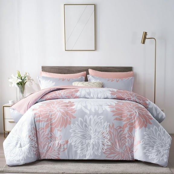 Davulos Floral Comforter Set Queen,7 Piece Bed in a Bag Flower Comforter with Sheet Pink Bedding Set