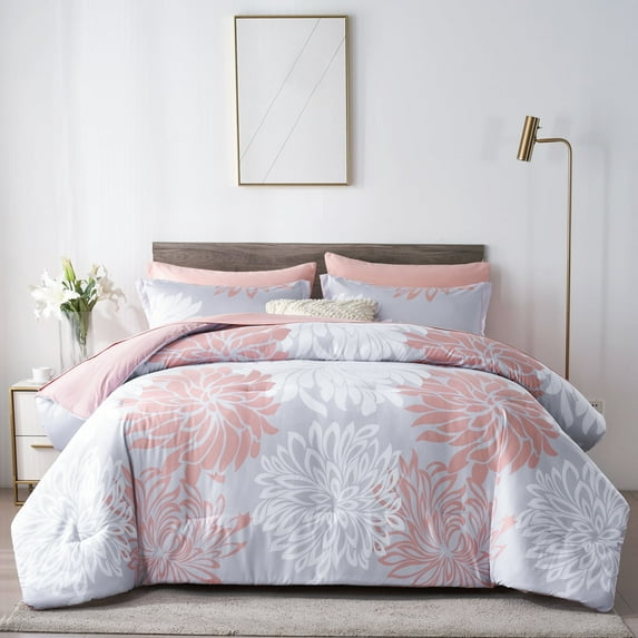 Davulos Floral Comforter Set Queen,7 Piece Bed in a Bag Flower Comforter with Sheet Pink Bedding Set