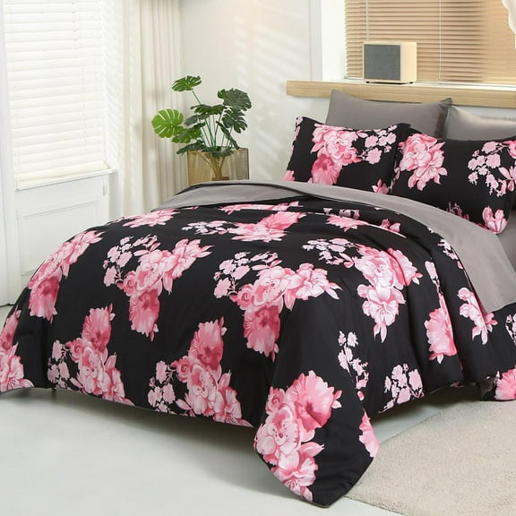 Davulos Floral Comforter Set Queen Size 7 Piece Black Bed in a Bag Elegant Pink Flower Comforter Set with Sheet,Soft Microfiber Complete Bedding Sets for All Season