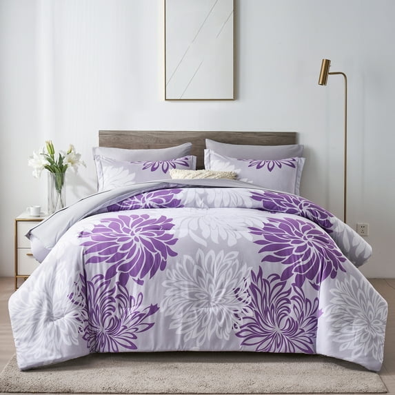 Davulos Floral Comforter Set Queen Size 7 Piece Purple Bed in a Bag Flowers Comforter Set with Sheets, Botanical Floral Bed Set Reversible Soft Microfiber Purple Bedding Set for All Season