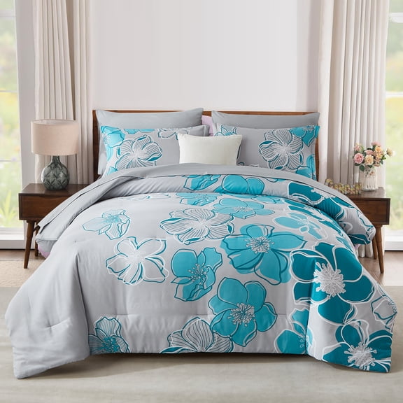 Davulos Floral Comforter Set Queen Size 7 Pieces Bed in a Bag Blue Flower Comforter and Sheet Set ,Soft Microfiber Complete Bedding Sets for All Seasons