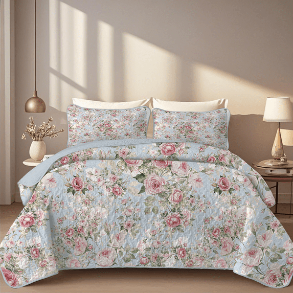 Davulos Floral King Quilt Set Reversible Quilt Beddding Set Lightweight Bedspread Bed Coverlet with 2 Matching Pillow Shams for All Season