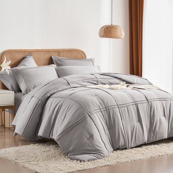 Davulos Full Comforter Set 7 Piece,Grid Pinch Pleat Bed in a Bag for All Season,Lightweight Fluffy Complete Bed Set with Comforter, Sheets, Pillowcases & Sham