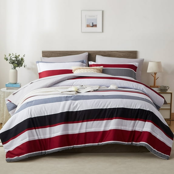 Davulos Full Comforter Set Striped Bedding Set 7 Piece Bed in a Bag Soft Microfiber Comforter and Sheet Set Red Black Navy Patchwork Striped Bed Set for All Season
